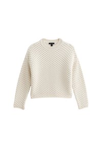 Maglione lavorato a maglia color crema con un motivo a nido d'ape testurizzato, colletto rotondo e maniche lunghe, caratterizzato da un effetto corto.