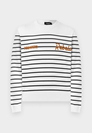 White crewneck sweater with black horizontal stripes, "DSQUARED2" and "Rebels" embroidered in orange on the chest.
