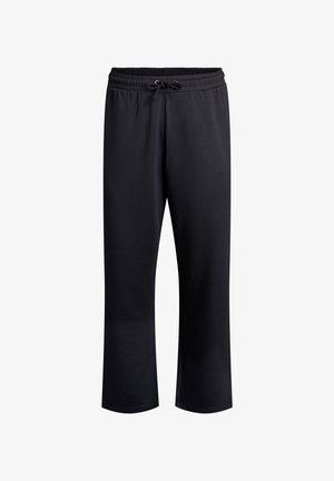 Black sweatpants made of soft fabric, featuring an elastic waistband with a drawstring, and a relaxed fit with straight legs.