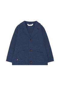 Cardigan bleu marine avec deux poches avant, fermeture par boutons et col large. Matériau en tricot texturé, manches longues et coupe décontractée.