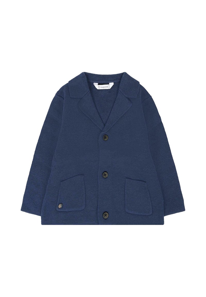 Cardigan bleu marine avec deux poches avant, fermeture par boutons et col large. Matériau en tricot texturé, manches longues et coupe décontractée.