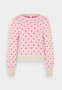 Suéter rosa claro con lunares rosas brillantes, de mangas largas, con cuello y puños acanalados, textura suave y corte relajado.