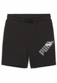 Shorts neri in cotone con vita elastica e cordino. Presentano un logo Puma diagonale grigio nella parte anteriore. Due tasche laterali.