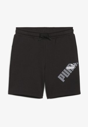 Pantalones cortos negros de algodón con cintura elástica y cordón. Presenta un logotipo de Puma en diagonal de color gris en la parte frontal. Dos bolsillos laterales.