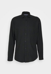 Camicia a quadri verde e blu navy con maniche lunghe, colletto a punta e chiusura con bottoni frontali; realizzata in un tessuto leggero.
