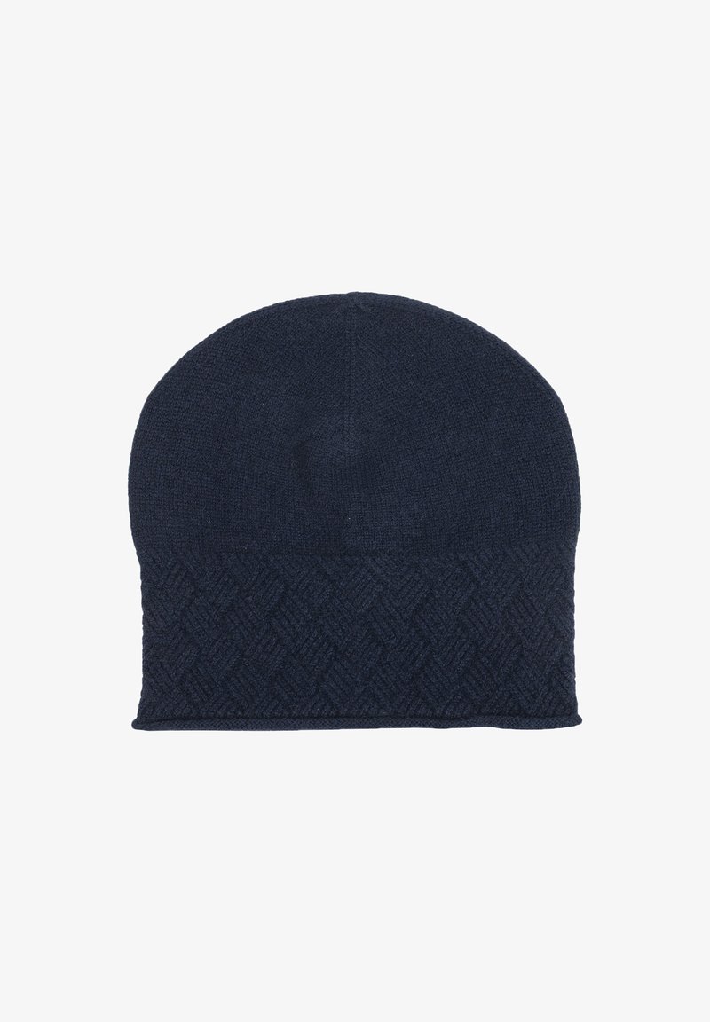 Granatowa dziana czapka beanie z teksturowanym wzorem diamentowym na obrzeżu i gładką górą, charakteryzująca się dopasowanym, zaokrąglonym kształtem i miękkim materiałem.