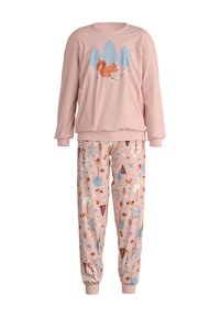 Rosa Pyjama-Set mit einem langärmligen Oberteil, das ein Grafiken von einem Eichhörnchen und einem Baum zeigt, sowie einer Hose mit elastischem Bund im Walddesign.