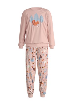 Rosa Pyjama-Set mit einem langärmligen Oberteil, das ein Grafiken von einem Eichhörnchen und einem Baum zeigt, sowie einer Hose mit elastischem Bund im Walddesign.