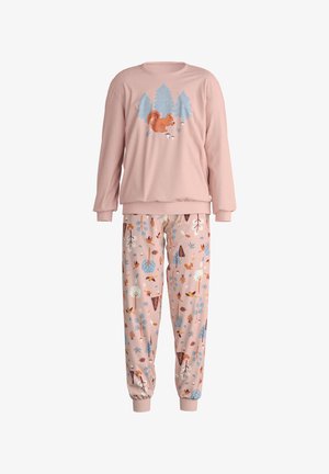 Set di pigiami rosa composto da una maglietta a maniche lunghe con una grafica di scoiattolo e albero, e pantaloni con elastico in vita decorati con una stampa a tema forestale.
