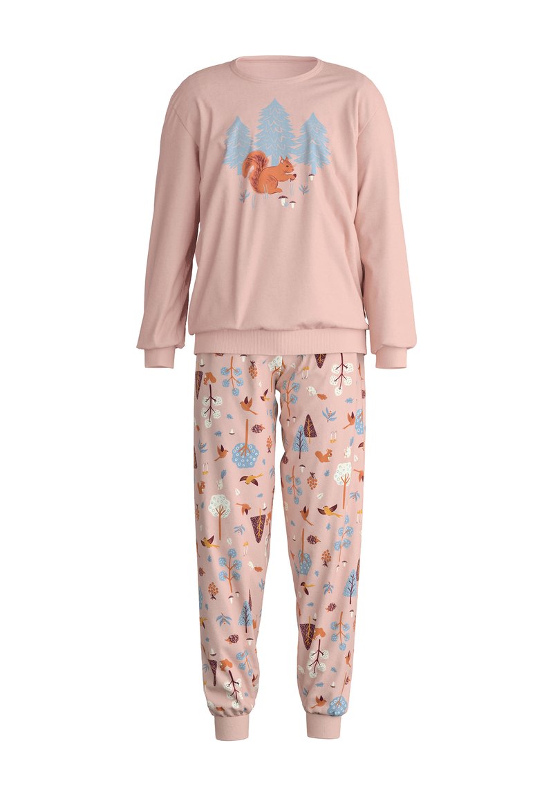 Rosa Pyjama-Set mit einem langärmligen Oberteil, das ein Grafiken von einem Eichhörnchen und einem Baum zeigt, sowie einer Hose mit elastischem Bund im Walddesign.