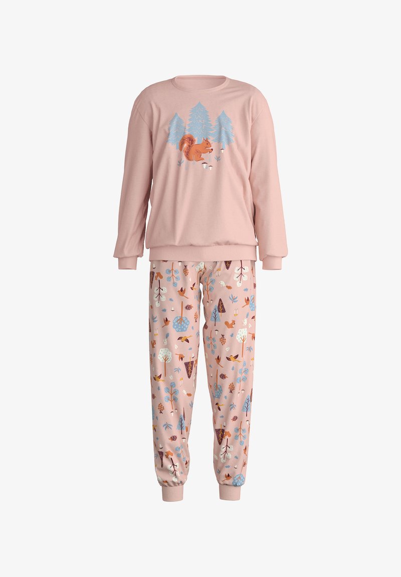 Pink pajama set featuring a long-sleeve top with a squirrel and tree graphic, and elastic-waist pants with a forest-themed print.