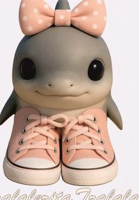 Figurka w kształcie rekina z szarym ciałem, dużymi czarnymi oczami i różową kokardką w kropki. Ubrana w jasnoróżowe tenisówki z białymi akcentami.