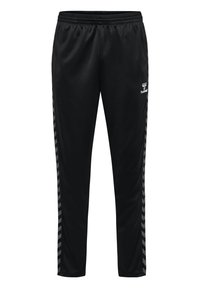 Zwarte sportbroek gemaakt van gladde stof, met een elastische tailleband en contrasterende chevrons aan de zijkanten. Logo's zichtbaar aan de voorkant.