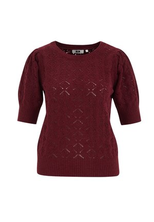 Burgundy knitted sweater with short puff sleeves, featuring a diamond pattern and ribbed hem. Lightweight and textured fabric.