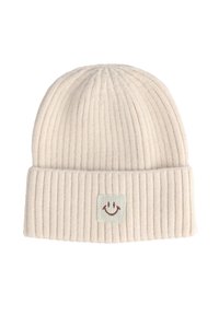 Beanie a coste di un leggero beige con risvolto e un'etichetta quadrata con un design di faccia sorridente. Texture morbida con una vestibilità aderente.