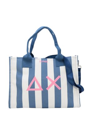 Borsa a tracolla a righe blu e bianca, con loghi geometrici rosa, materiale in tessuto, manici doppi e tracolla removibile per maggiore versatilità.