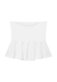 White peplum top with a fitted bodice and flared hem. Smooth, stretchy fabric with no visible patterns or hardware details.