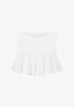 Bílý peplum top s přiléhavým korzetem a rozšířeným lemem. Hladká, elastická tkanina bez viditelných vzorů nebo kovových detailů.