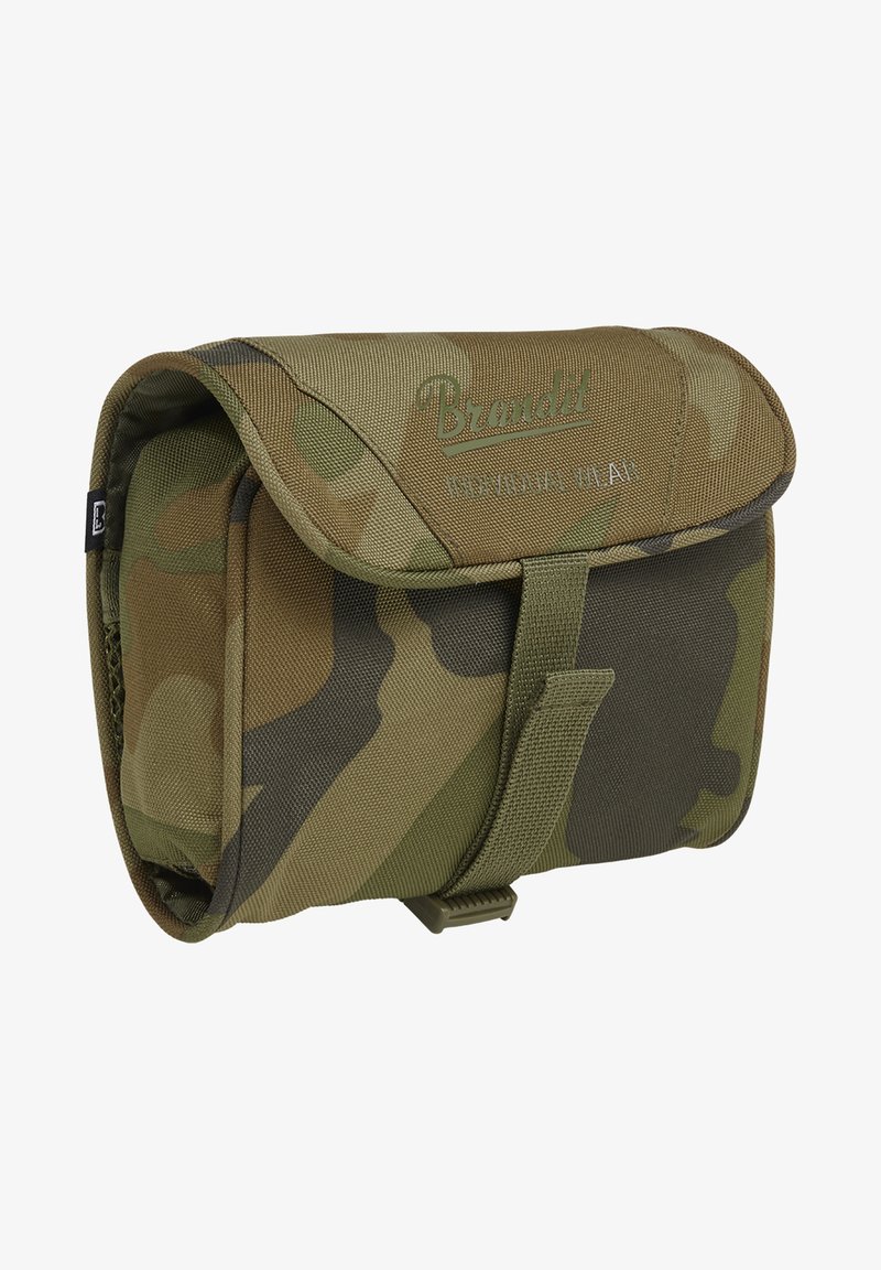 Kamuflasje stoffveske med klafflås, sikker stropp og preget logo på fronten; teksturert, slitesterkt materiale.