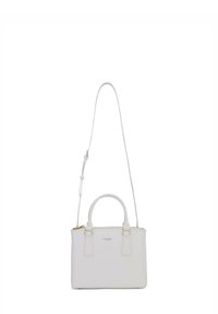 Borsa a mano in pelle bianca con due manici corti, tracolla removibile, accessori in oro e forma rettangolare. Texture liscia con dettagli minimi.