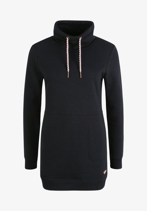 Must värvi dressipluus kõrge kraega, oranžide ja valgete nööridega ning ees olevate taskutega. Pehme kangas, pikad varrukad ja soonikkoes mansetid.