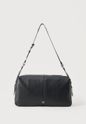 Black leather rectangular shoulder bag with adjustable strap and silver zipper details on a plain light background.