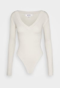 Krémový žebrovaný body s dlouhým rukávem, hlubokým výstřihem do V a přiléhavým střihem, velikost UK 8, vyrobeno značkou Missguided.