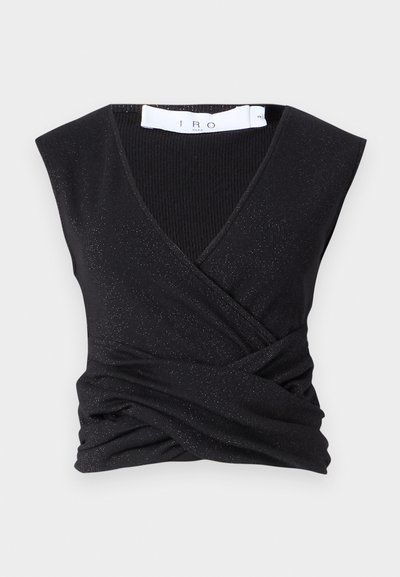 Black sleeveless top with a v-neck and wrap design. Made from ribbed material with subtle shimmer. Features gathered detailing at the waist.