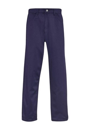 Marineblaue Baumwollhose mit geradem Bein, fünf Taschen und einem Knopfverschluss vorne. Glatte Textur mit dezentem Glanz.