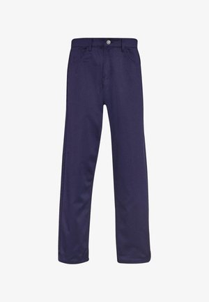 Pantalons en coton bleu marine avec une coupe droite, cinq poches et une fermeture à bouton sur le devant. Texture lisse avec un léger éclat.