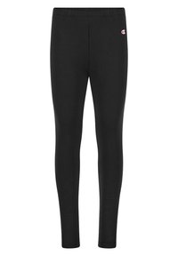 Leggins negros hechos de una tela elástica, con una textura suave, cintura elástica y un pequeño logo en la parte superior izquierda.