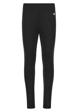 Leggings neri realizzati in tessuto elastico, con una superficie liscia, vita elastica e un piccolo logo sull'angolo superiore sinistro.