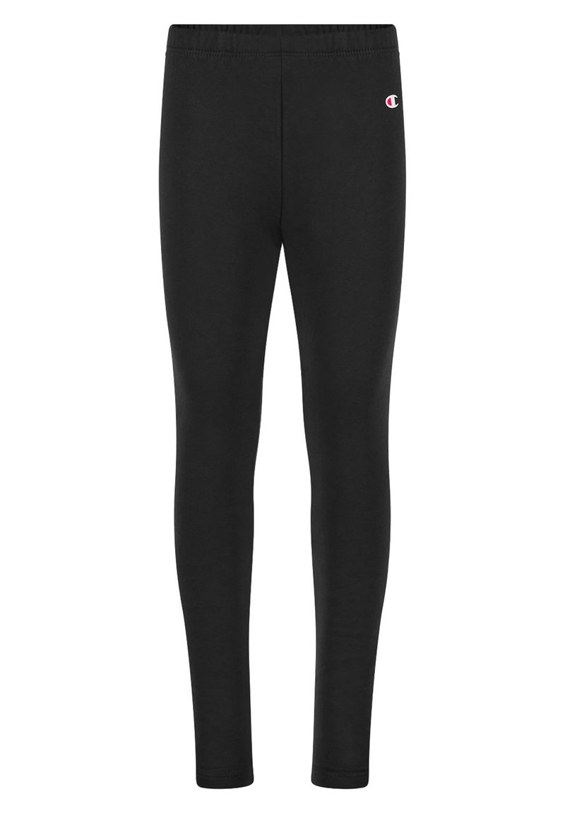 Leggins negros hechos de una tela elástica, con una textura suave, cintura elástica y un pequeño logo en la parte superior izquierda.