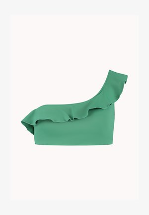 Top verde monospalla realizzato in tessuto liscio con bordo arricciato. Presenta una silhouette aderente e una larga spallina sul lato sinistro.