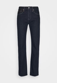 Dark blue straight-leg denim jeans with five pockets, button closure, and contrast stitching on a light background.
