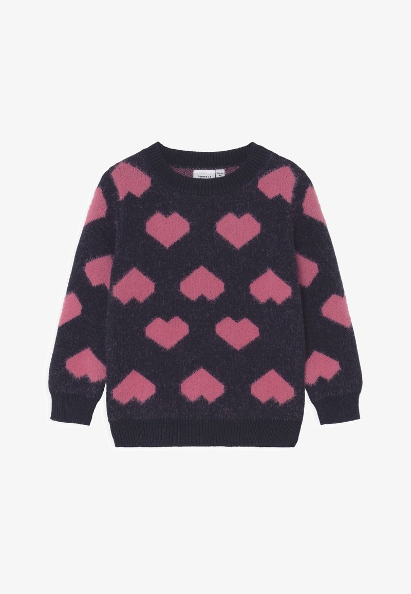 Pull bleu marine duveteux avec des motifs de cœurs roses espacés uniformément sur le devant, les manches et les épaules, avec poignets et ourlet côtelés.