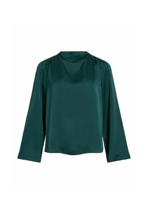 Teal satenasta bluza s dolgimi rokavi in okroglo ovratnikom, ki ima mehko drapiranje na ramah ter sproščen kroj. Gladka tekstura in brez vidnih zapiranj.