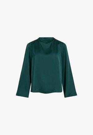 Teal satäänist pikkade varrukatega pluus ümmarguse kaelusega, millel on pehmed voltimised õlgadel ja lõdvestatud istuvus. Sile tekstuur ja nähtamatud kinnitused.
