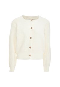 Cardigan avorio con maniche lunghe, scollatura rotonda, orlo a coste e sei bottoni rotondi marroni sul davanti. Tessuto morbido e testurizzato.
