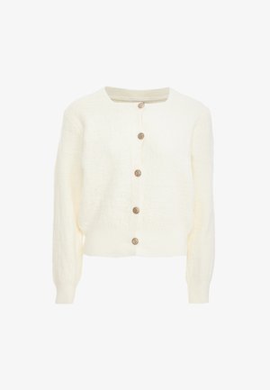 Ivory cardigan with long sleeves, round neckline, ribbed hem, and six round brown buttons down the front. Soft, textured fabric.