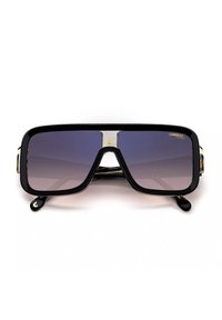 Ochelari de soare rectangulari cu ramă din plastic negru, lentile degradate de culoare violet închis și accente aurii la tâmple, având un design cu dublu pod.