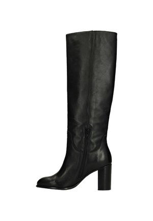 Zwarte leren kniehoge laars met een zijrits en blokhak, gladde afwerking, licht afgeronde neus.