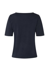 Marineblaues T-Shirt mit kurzen Ärmeln, runder Ausschnitt, weicher Baumwollstoff, glatte Textur, figurbetonte Form, minimalistisches Design, keine sichtbaren Muster oder Akzente.