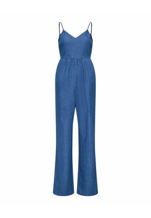 Caraco en jean avec des bretelles fines ajustables, un décolleté en V, une taille cintrée et une silhouette à jambes larges dans un bleu moyen.