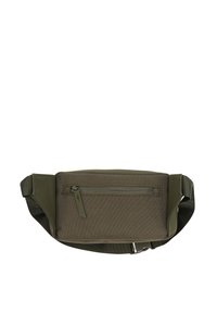 Sacchetto di tessuto verde oliva con superficie testurizzata, tasca con zip sul davanti, tracolla regolabile e bordi lisci. Forma compatta e rettangolare.