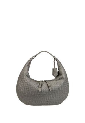Graue gewebte Lederhandtasche mit einem einzelnen Schulterriemen und zwei Reißverschluss-Schiebern, mit einem kleinen Lederanhänger in der Nähe des Riemens.