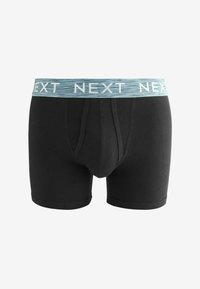 Črne bokserice z svetlo modrim elastičnim pasom, na katerem je ponovljen napis "NEXT". Tkanina je gladka, prilega se telesu in ima dolžino do sredine stegna.