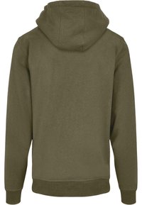 Felpa verde oliva con una texture morbida, cappuccio con coulisse e polsini e orlo a costine. Design semplice e minimalista senza dettagli di rilievo.