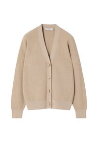 Cardigan beige tricoté avec de longues manches, col en V, poignets et ourlet côtelés, et quatre boutons sur le devant sur un fond blanc.