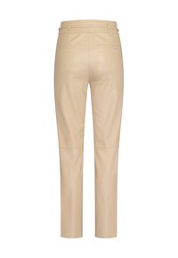 Beige high-waist faux leather pants with belt loops and two horizontal back pockets, straight-leg cut, rear view.